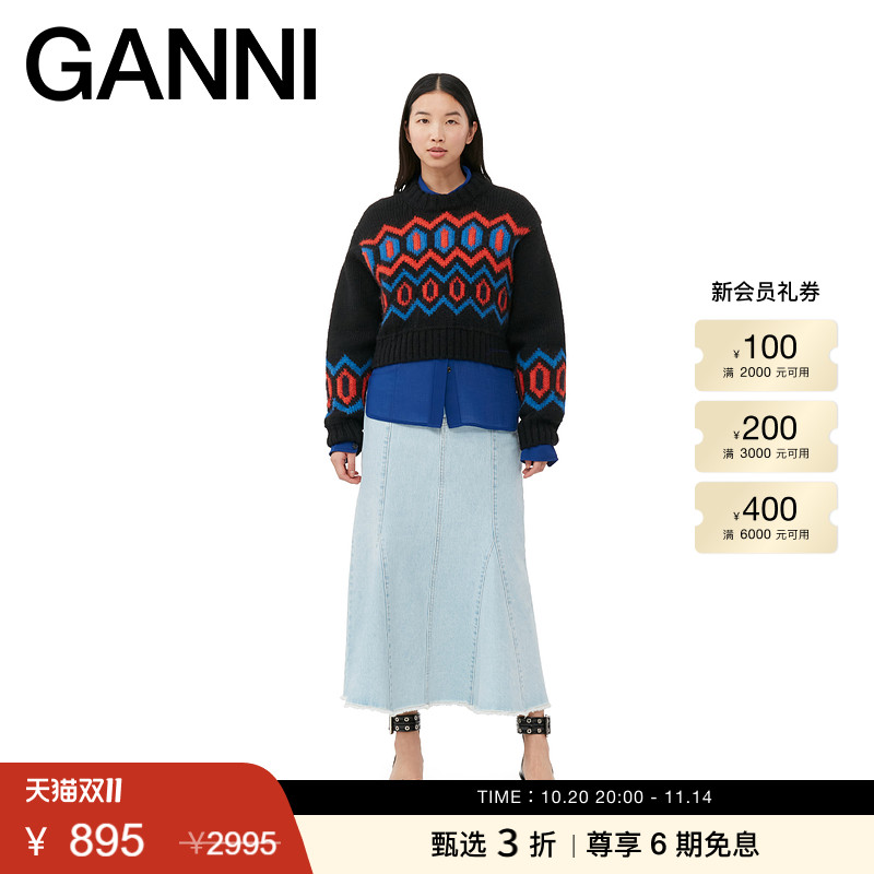 新品厚实提花绵羊毛衫GANNI