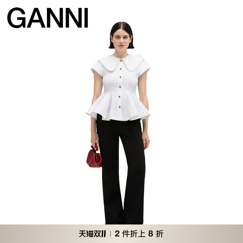 【甄选折扣】GANNI女装 白色优雅法式荷叶边短袖上衣 A1040093151