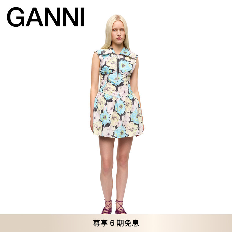 GANNI女装 复古翻领碎花收腰裙夏季短款拉链无袖连衣裙 W0258999图片