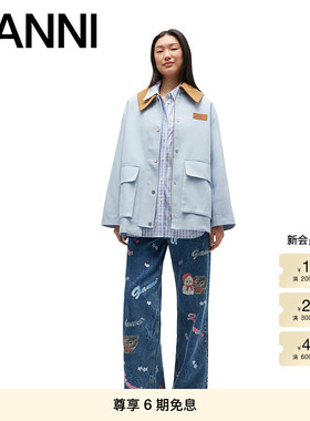 【秋冬新品】GANNI女装蓝色巴恩风撞色翻领工装夹克外套 W110601B