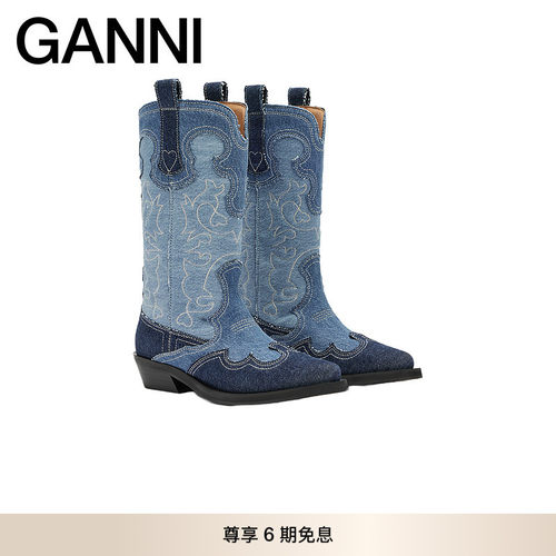 【春夏新款】GANNI女鞋 经典刺绣拼接牛仔骑士西部靴 B1010148567