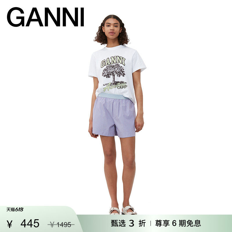 【甄选折扣】GANNI淡紫色条纹松紧腰裤子宽松休闲裤短裤 F8433681