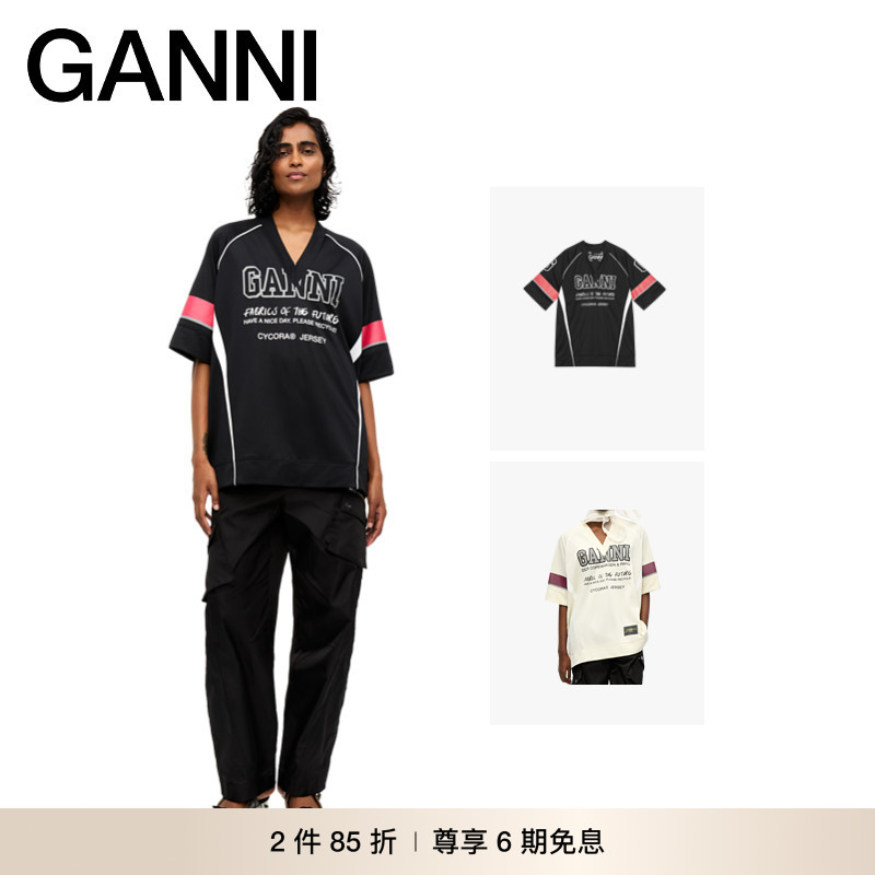 【明星同款】GANNI女装 中长款V领撞色夏季宽松款短袖T恤T4302099图片