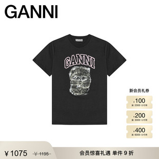 T4385252 T恤圆领上衣 GANNI女装 黑色趣味小猫印花宽松休闲短袖
