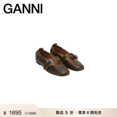 【惊喜首降】GANNI女鞋 橄榄色搭扣芭蕾浅口单鞋平底鞋S3118826