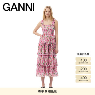 甜美气质花卉印花荷叶边吊带蛋糕裙连衣裙F7636393 GANNI女装