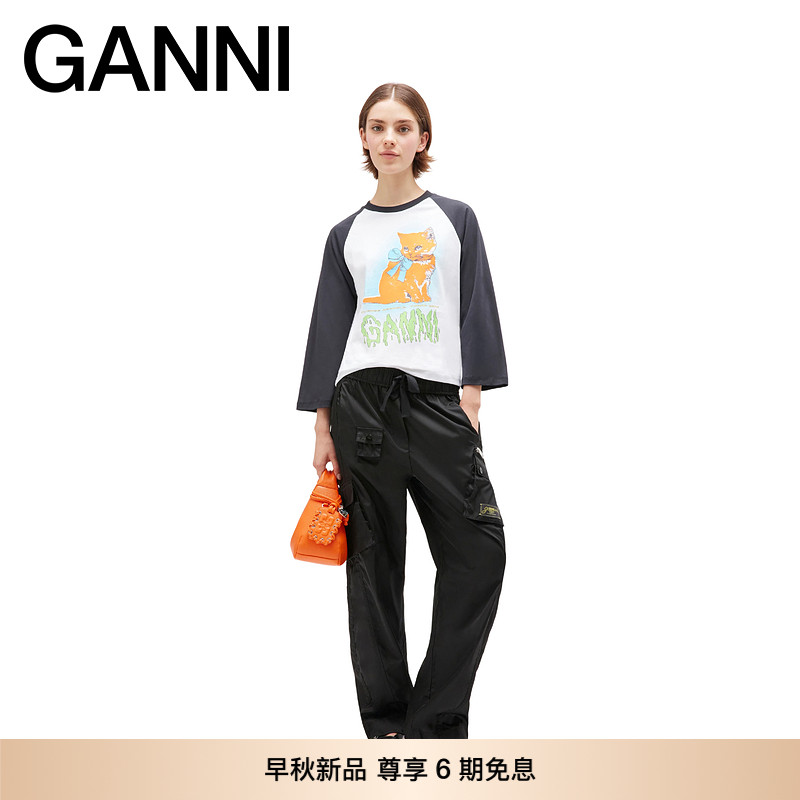 【早秋新品】GANNI女装 猫咪印花宽松撞色插肩长袖T恤 T4341151