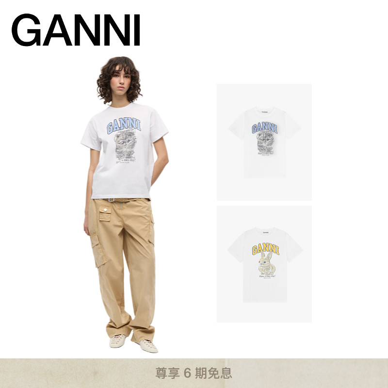 GANNI女装 经典可爱猫咪兔子印花休闲短袖T恤上衣