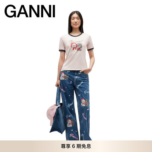 GANNI女装 休闲撞色趣味舒适印花百搭修身夏季短袖T恤 T4408065