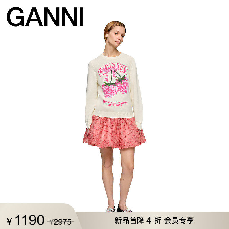 【新品首降】GANNI女装 印花针织衫秋季白色套头毛衣A1070275135