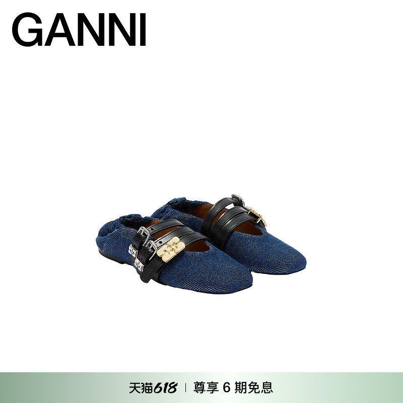 GANNI女鞋 复古圆头优雅松弛感搭扣丹宁芭蕾鞋单鞋 B1020073569