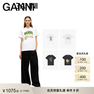 趣味动物印花棉质休闲宽松圆领短袖 款 T恤正肩上衣 经典 GANNI女装