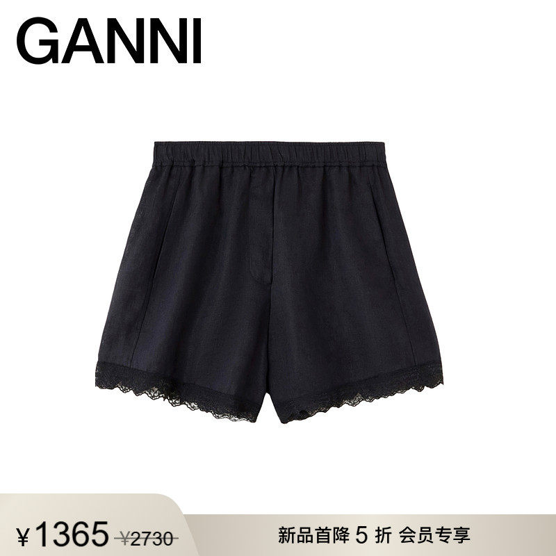 【新品首降】GANNI女装 黑色蕾丝边裤子舒适简约短裤 A1110113099