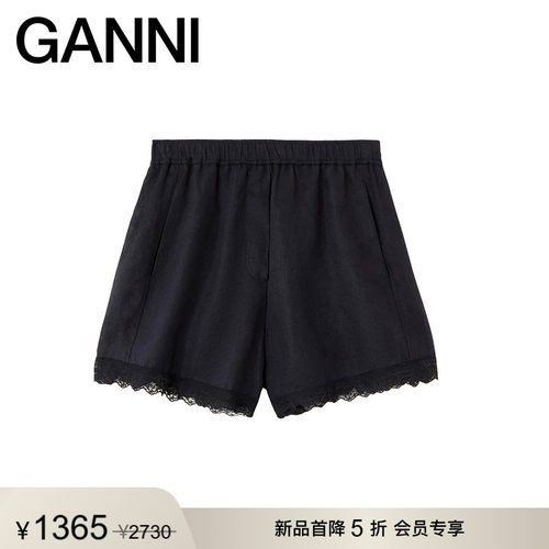 【新品首降】GANNI女装 黑色蕾丝边裤子舒适简约短裤 A1110113099