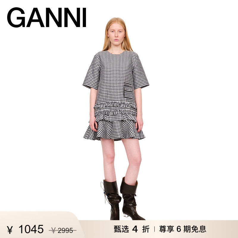 【甄选折扣】GANNI女装 黑白格纹圆领短袖系带短裙连衣裙W0464099