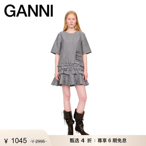 【甄选折扣】GANNI女装 黑白格纹圆领短袖系带短裙连衣裙W0464099
