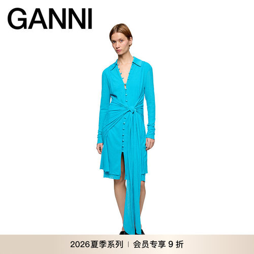 【新品会员9折】GANNI女装 秋V领气质系带长袖连衣裙 A1030222ZVP