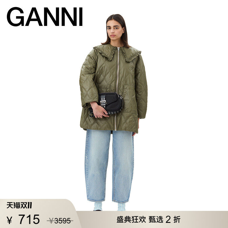 【甄选折扣】GANNI女装 橄榄绿娃娃领秋大口袋直筒外套 W0348861