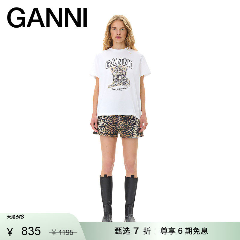 【甄选折扣】GANNI女装 小豹子印花豹纹白色圆领短袖T恤 T4124943