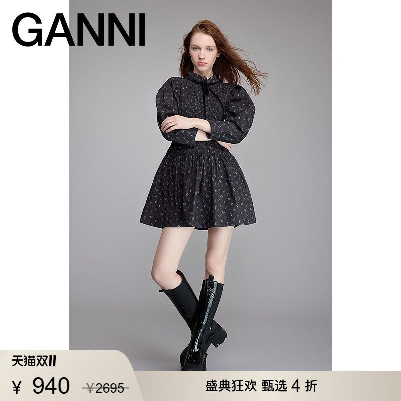 【甄选折扣】GANNI女装 黑色碎花缩褶连衣裙长袖茶歇裙 W0074252