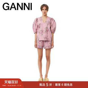 价同双11 上衣衬衫 GANNI女装 V领修身 F8509787 复古泡泡袖