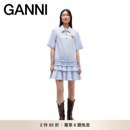 【2件85折】GANNI女装 格纹学院衬衫舒适简约百褶连衣裙 W110901M