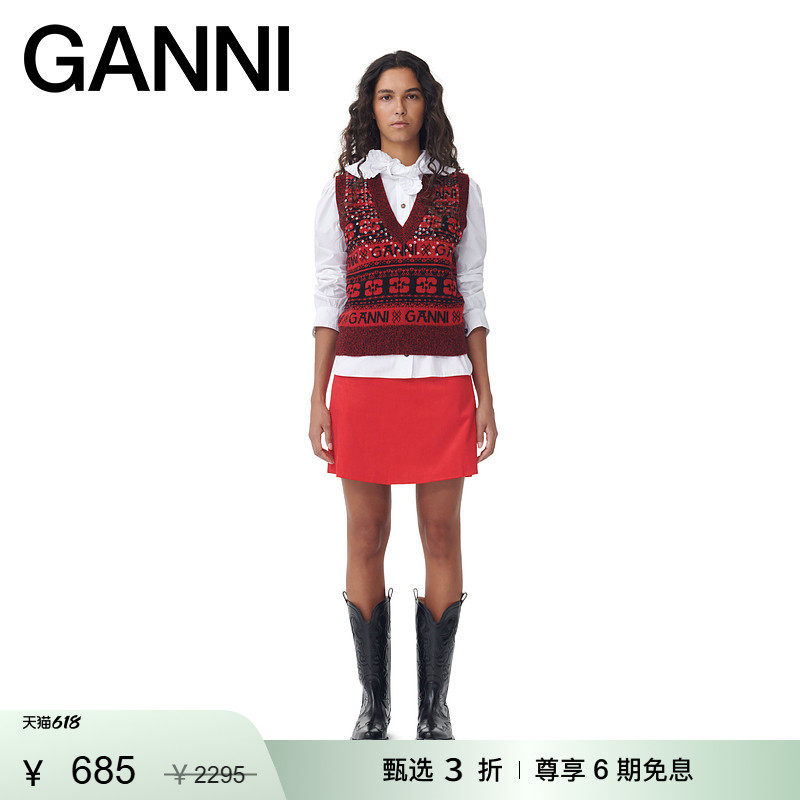 【甄选折扣】GANNI女装 复古优雅红V领针织背心马甲毛衣 K2117472