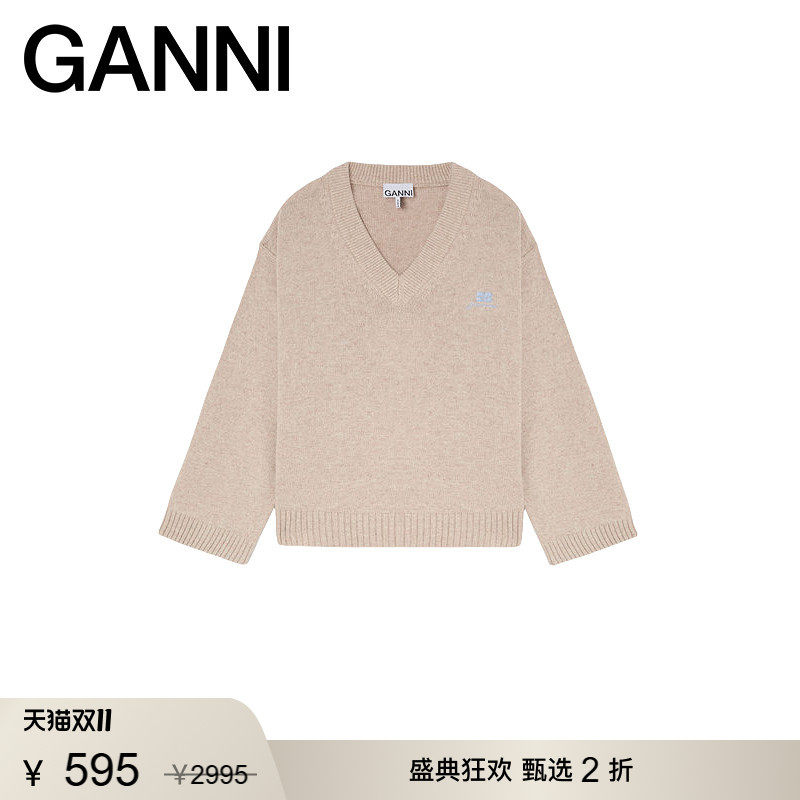 【甄选折扣】GANNI女装 早秋法式V领纯色针织衫宽松毛衣 K2591934