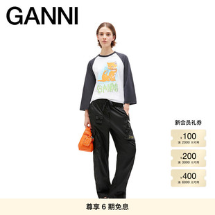 GANNI女装 猫咪印花撞色插肩宽松休闲短袖T恤圆领上衣 T4341151