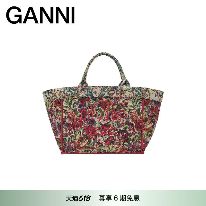 GANNI女包 复古花卉刺绣双面时髦大号托特包便携手提包 A708121K