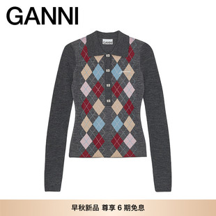 K2601920 早秋新品 GANNI女装 撞色菱格polo领上衣内搭针织衫