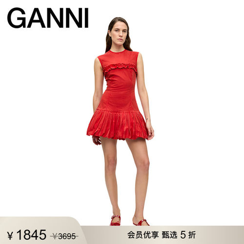 【甄选折扣】GANNI女装 修身无袖连衣裙红色百褶蓬蓬裙 W0638474