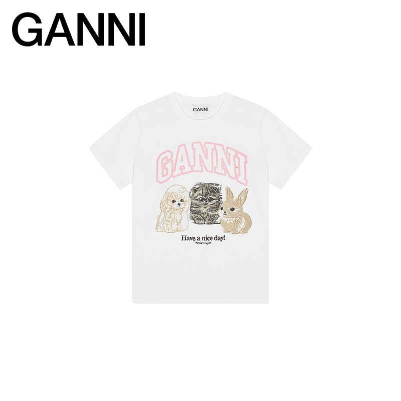 【会员折享】GANNI女装 白色趣味小动物印花圆领短袖T恤 T4376151