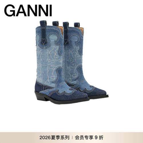 【新品会员9折】GANNI女鞋 休闲经典刺绣牛仔西部靴 B1010148567