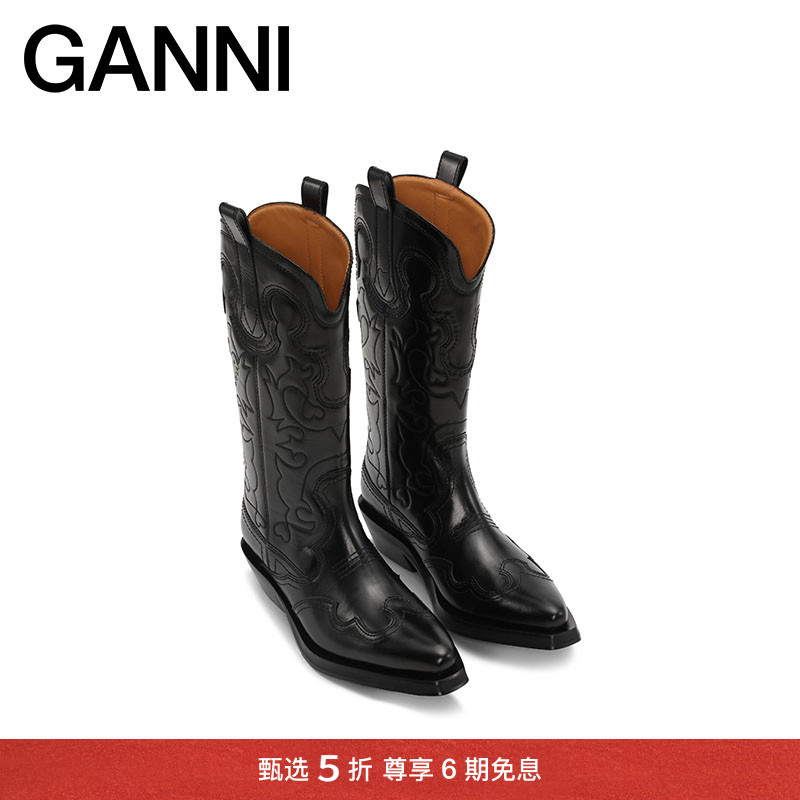 新品中筒刺绣西部靴GANNI