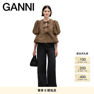 A1040085925 上衣衬衫 GANNI女装 优雅简约复古格纹荷叶边系带半袖