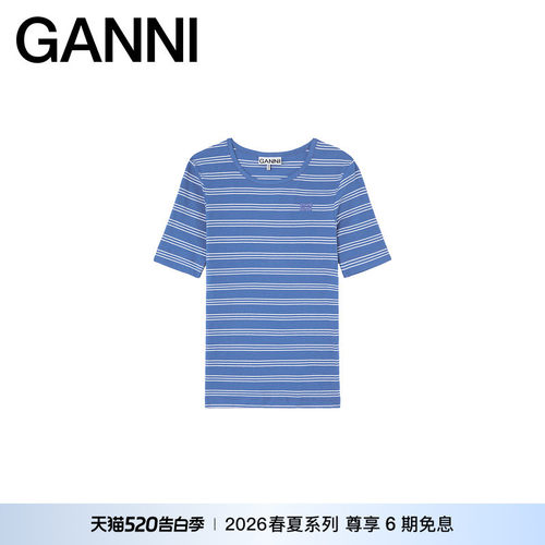 【春夏新款】GANNI女装 蓝色条纹款内搭修身短袖T恤 A1050256ZWF