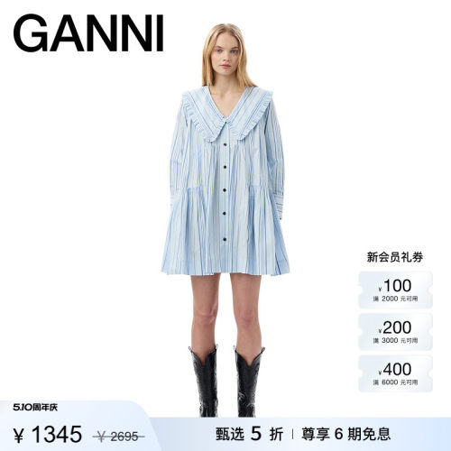 GANNI娃娃领约会连衣裙娃娃裙棉