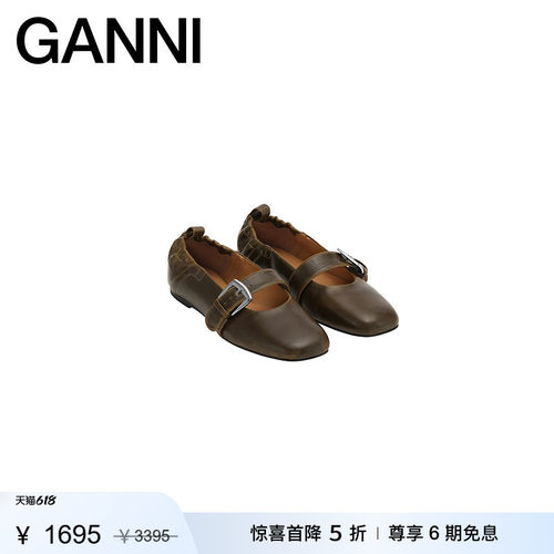 【惊喜首降】GANNI女鞋 橄榄色搭扣芭蕾浅口单鞋平底鞋S3118826