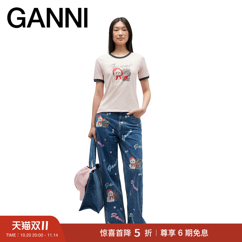 【惊喜首降】ganni女装 撞色趣味猫狗印花修身短袖T恤 T4408065