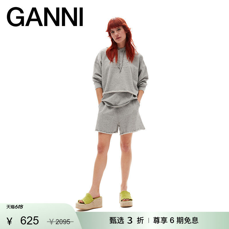 【甄选折扣】GANNI蝴蝶logo灰色廓形连帽衫春季卷边卫衣 T3567921