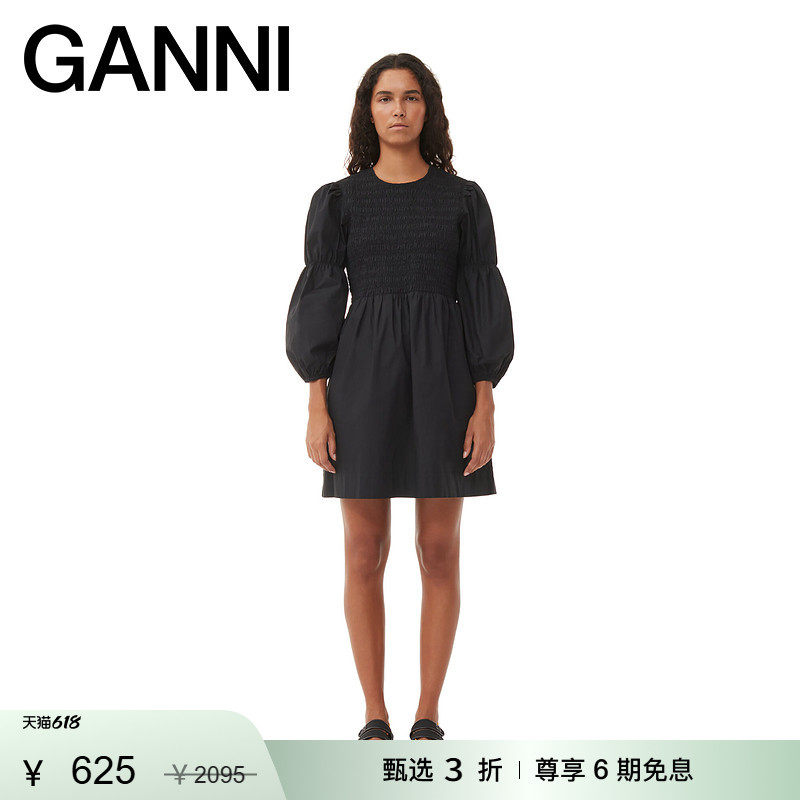 GANNI约会连衣裙泡泡袖娃娃裙棉