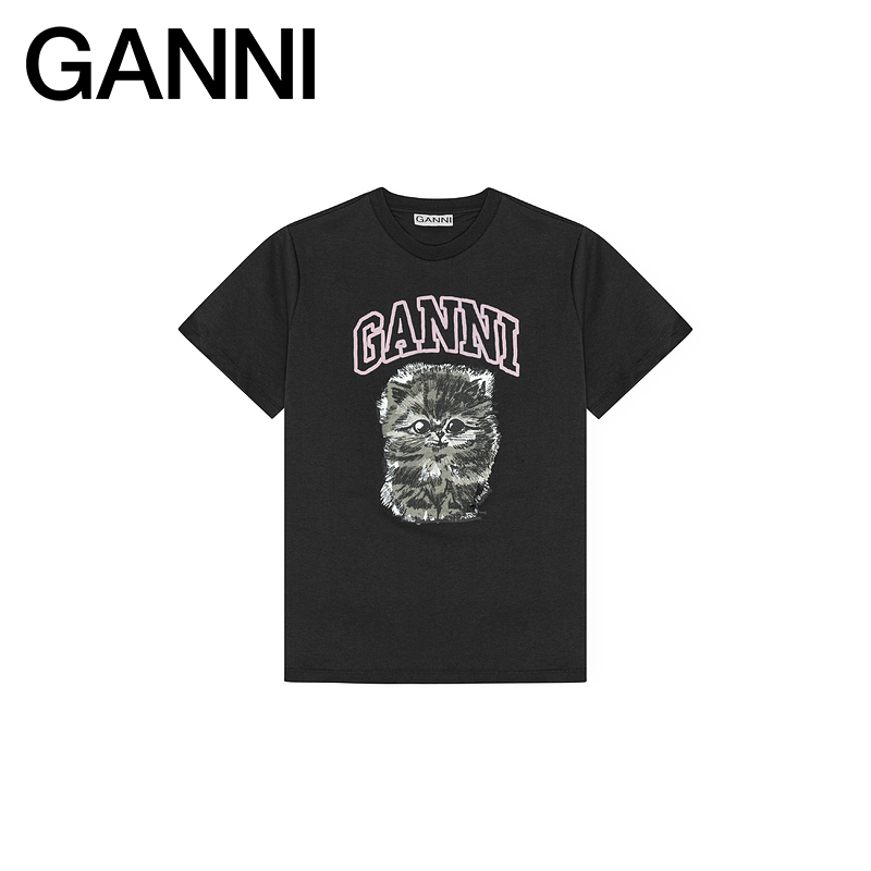 【会员折享】GANNI女装 黑色趣味小猫印花圆领短袖T恤 T4385252