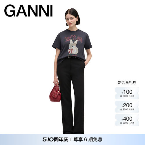 GANNI女装 俏皮兔子棉质休闲宽松圆领短袖T恤上衣 A1050061252
