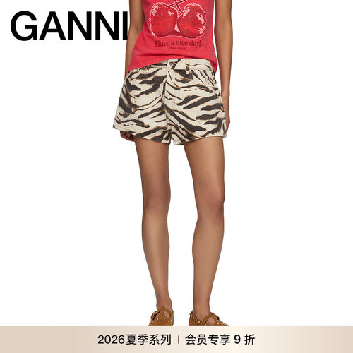 【夏季新款】GANNI女装 时尚高腰牛仔斑马纹印花短裤 A1110096135