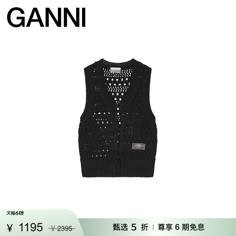 【甄选折扣】GANNI女装 黑色V领系带毛衣背心针织马甲 K2471099