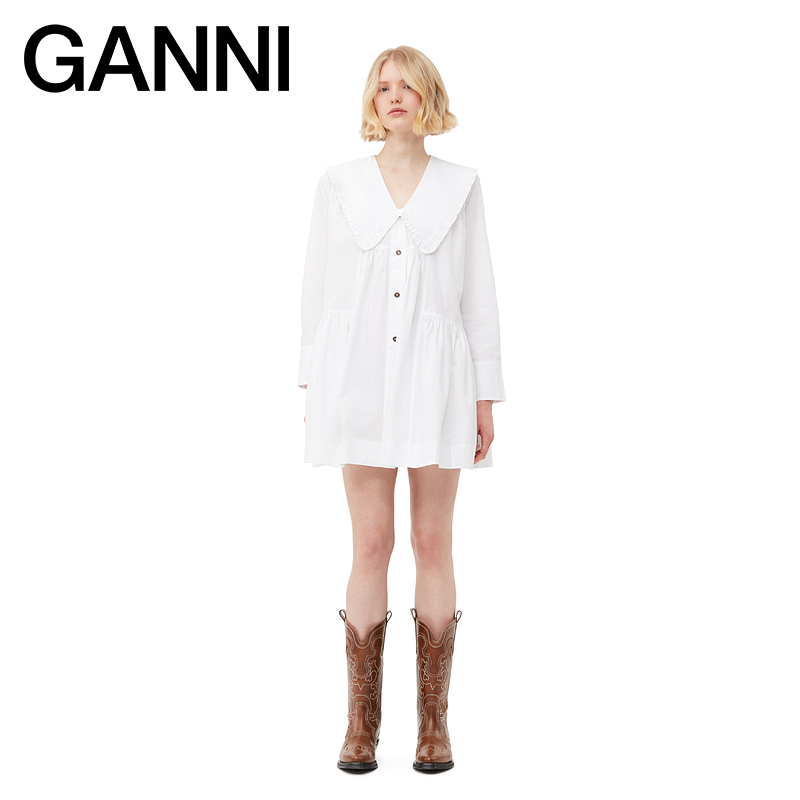 GANNI约会连衣裙娃娃领棉小白裙