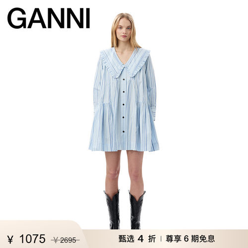 GANNI娃娃领约会连衣裙娃娃裙棉