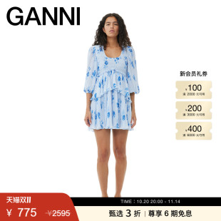 垂感百褶裙连衣裙 石U领短款 GANNI女装 F9162694 甄选折扣