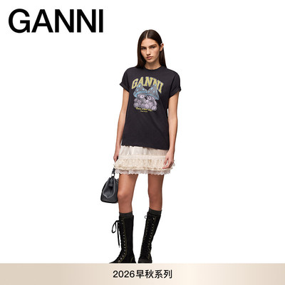 【早秋新款】GANNI女装 可爱小熊印花短袖黑百搭T恤 A1050332252